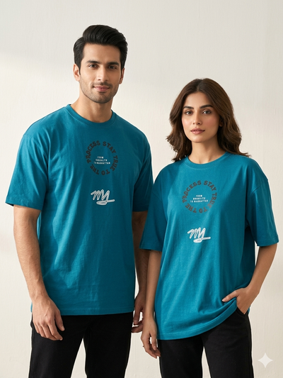 Oversized Couple Basic Round Neck T-Shirt (Ocean Blue)