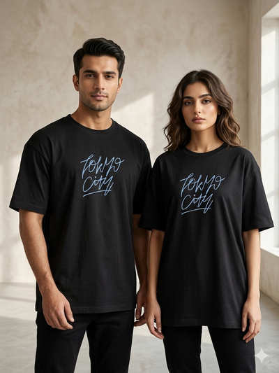 Oversized Couple Basic Round Neck T-Shirt (Black)